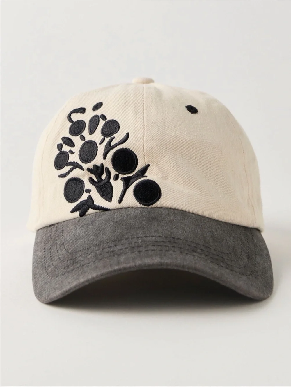 Free People Two-Tone Embroidered Floral Baseball Cap - Cream & navy and black
